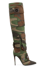 Load image into Gallery viewer, Camouflage motif fabric knee-boots
